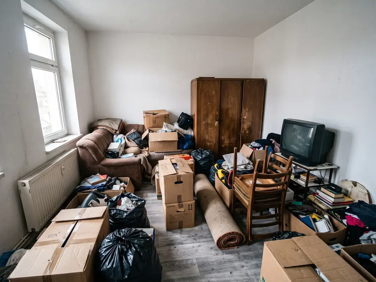 Vorher: Zimmer vor der Entrümpelung, voller Kartons, Möbel, Säcke und Kleidung (Beispielbild)